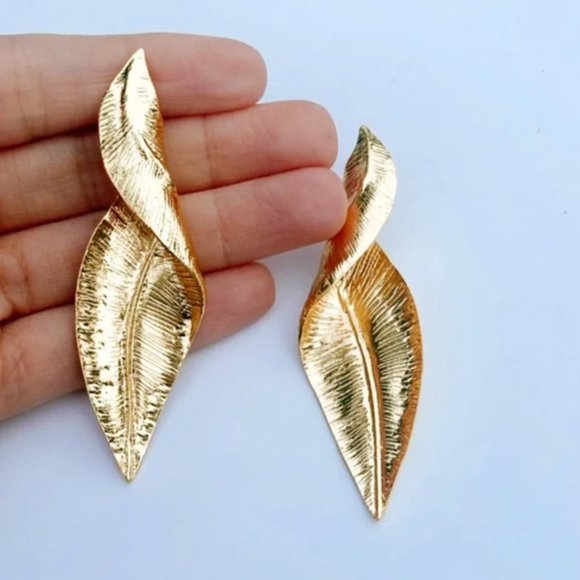 Anthro Twisted Gold Leaf Statement Earrings - Picture 2 of 3